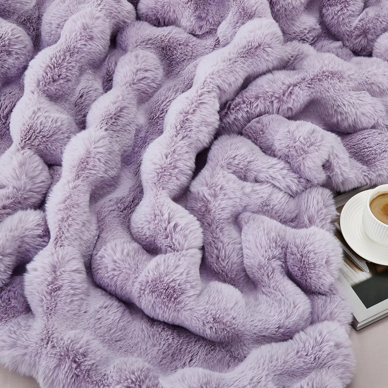 JONIYEAR Soft Fuzzy Bubble Faux Rabbit Fur Throw Blanket 50" x 60", Double Sided Aesthetic Warm Fluffy Blanket for Winter,Luxury Cozy Puffy Shaggy Plush Furry Blankets for Couch Sofa Bed, Lilac Purple