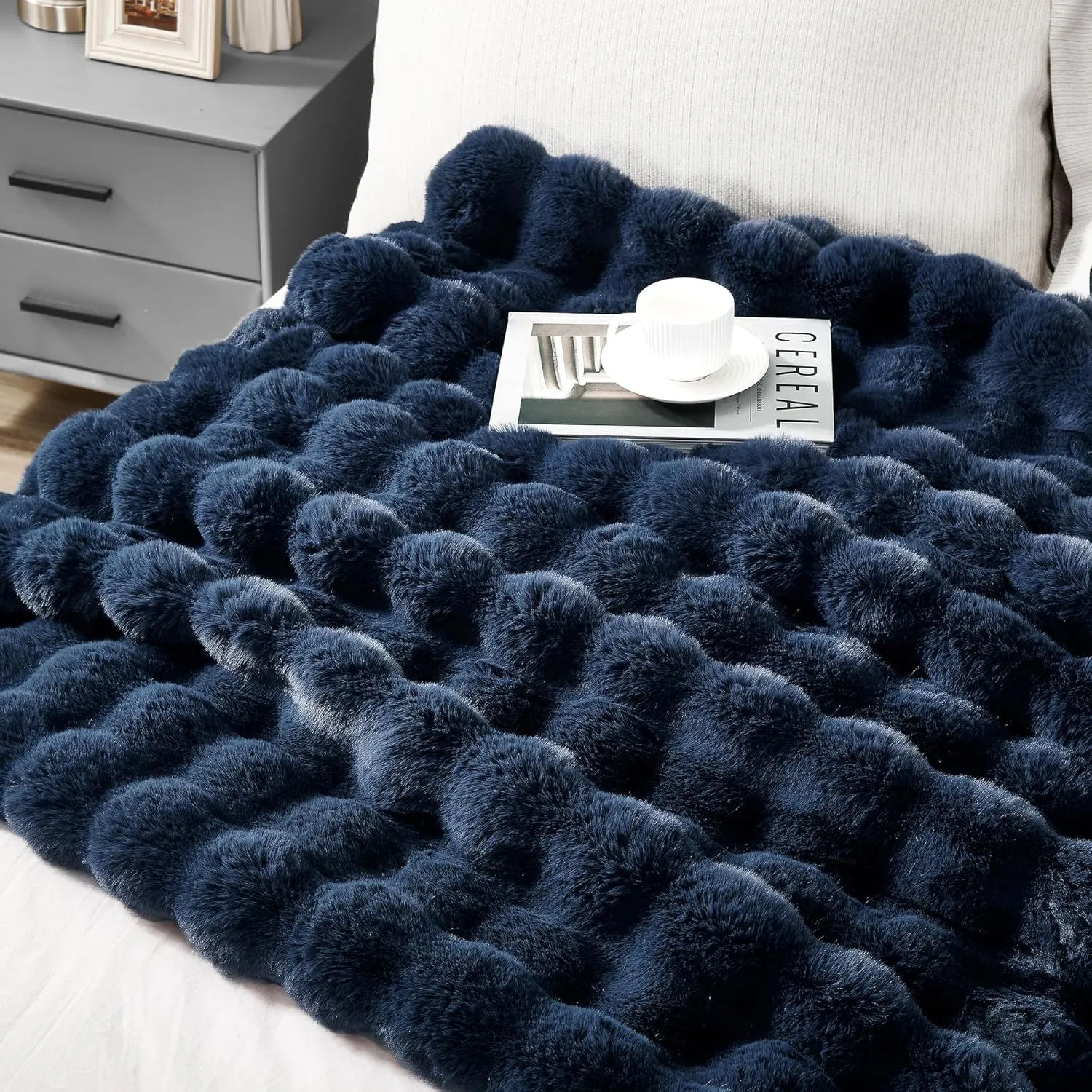 JONIYEAR Soft Fuzzy Bubble Faux Rabbit Fur Throw Blanket for Couch 50" x 60", Double Sided Textured Warm Fluffy Blanket for Winter,Luxury Cozy Puffy Shaggy Comfy Furry Blankets for Sofa Bed, Navy Blue