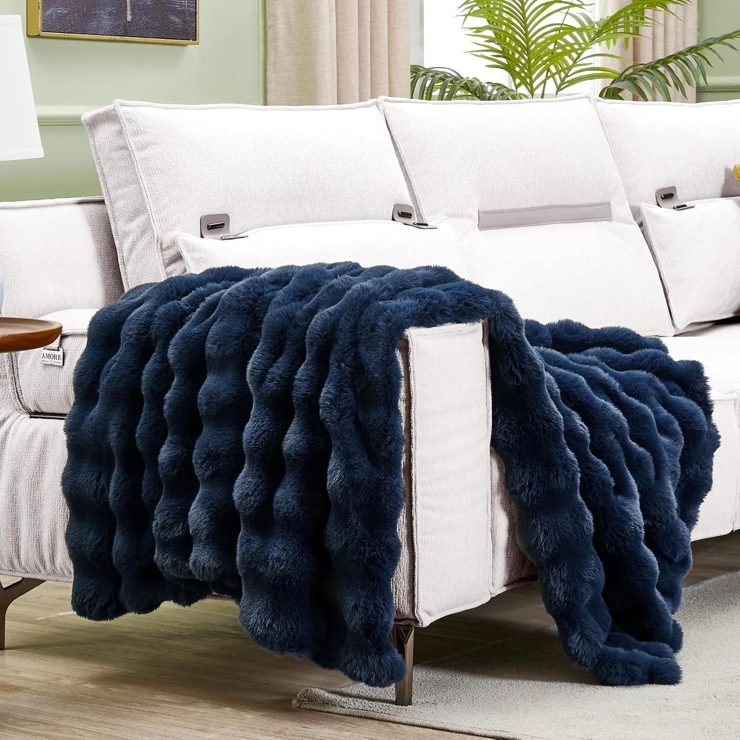 JONIYEAR Soft Fuzzy Bubble Faux Rabbit Fur Throw Blanket for Couch 50" x 60", Double Sided Textured Warm Fluffy Blanket for Winter,Luxury Cozy Puffy Shaggy Comfy Furry Blankets for Sofa Bed, Navy Blue