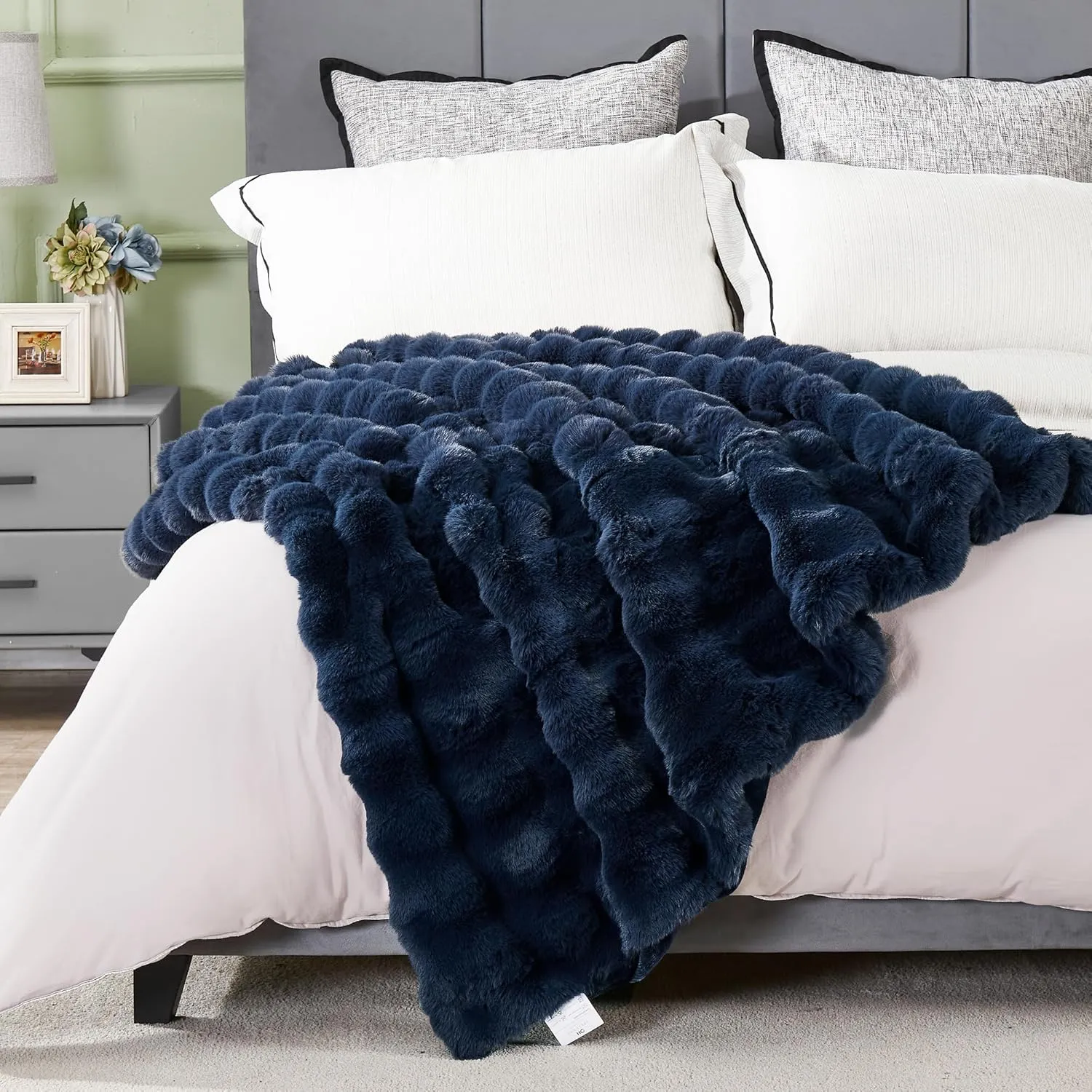 JONIYEAR Soft Fuzzy Bubble Faux Rabbit Fur Throw Blanket for Couch 50" x 60", Double Sided Textured Warm Fluffy Blanket for Winter,Luxury Cozy Puffy Shaggy Comfy Furry Blankets for Sofa Bed, Navy Blue