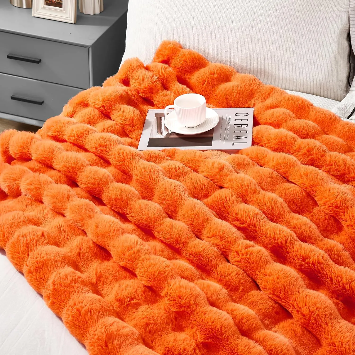JONIYEAR Solid Fall Bubble Faux Rabbit Fur Throw Blanket for Couch 50" x 60", Decorative Comfy Puffy Warm Fuzzy Blanket for Winter, Extra Thick Shaggy Cozy Comfy Fluffy Blankets for Adult Kids, Orange