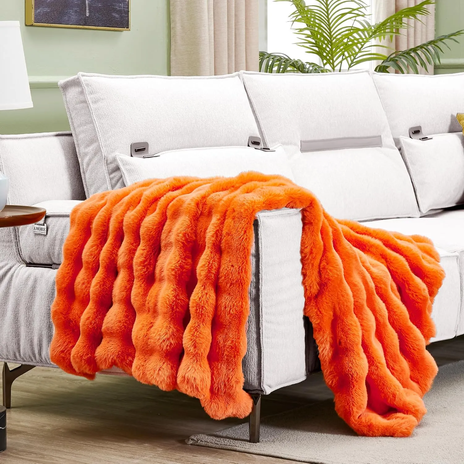 JONIYEAR Solid Fall Bubble Faux Rabbit Fur Throw Blanket for Couch 50" x 60", Decorative Comfy Puffy Warm Fuzzy Blanket for Winter, Extra Thick Shaggy Cozy Comfy Fluffy Blankets for Adult Kids, Orange
