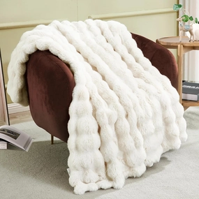JONIYEAR Soft Fuzzy Bubble Faux Rabbit Fur Throw Blanket for Couch 50" x 60", Double Sided Textured Warm Fluffy Blanket for Winter, Luxury Cozy Puffy Shaggy Comfy Furry Blankets for Couch, Cream White