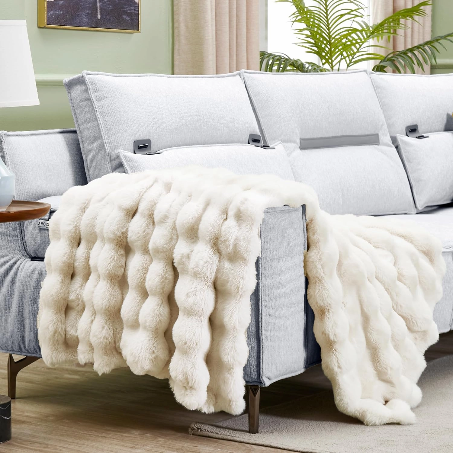 JONIYEAR Soft Fuzzy Bubble Faux Rabbit Fur Throw Blanket for Couch 50" x 60", Double Sided Textured Warm Fluffy Blanket for Winter, Luxury Cozy Puffy Shaggy Comfy Furry Blankets for Couch, Cream White