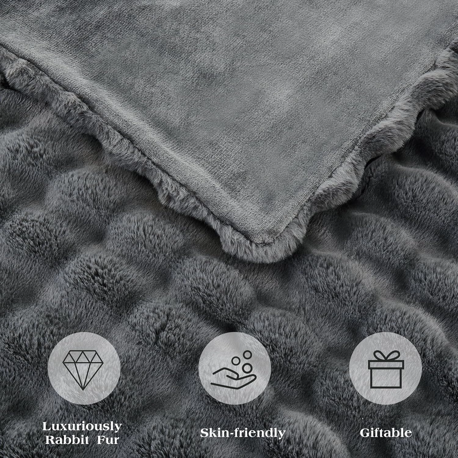JONIYEAR Solid Thick Bubble Faux Rabbit Fur Throw Blanket 50" x 60", Decorative Bumpy Cute Cozy Fluffy Gray Warm Blanket for Winter,Reversible Luxe Fuzzy Textured Poofy Comfy Shag Furry Blankets, Grey