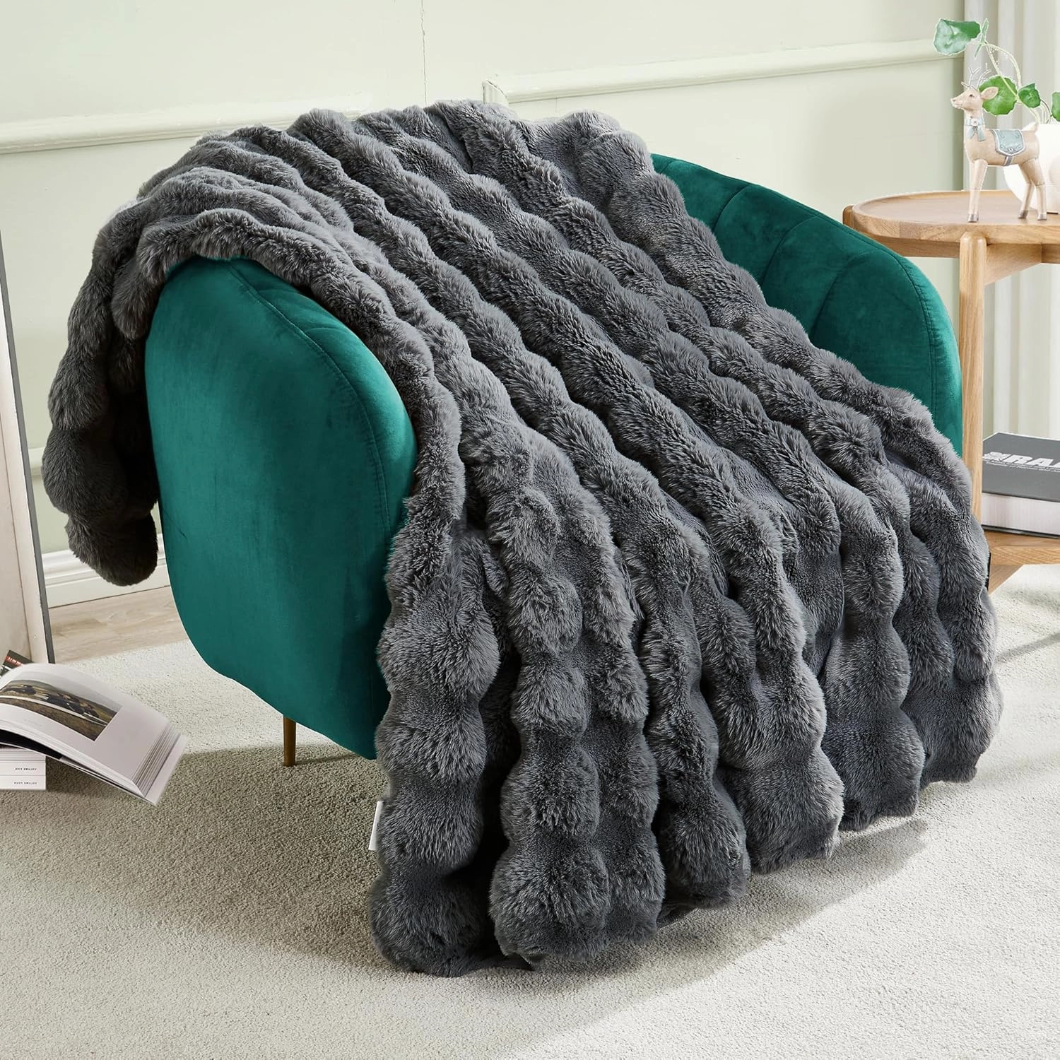JONIYEAR Solid Thick Bubble Faux Rabbit Fur Throw Blanket 50" x 60", Decorative Bumpy Cute Cozy Fluffy Gray Warm Blanket for Winter,Reversible Luxe Fuzzy Textured Poofy Comfy Shag Furry Blankets, Grey