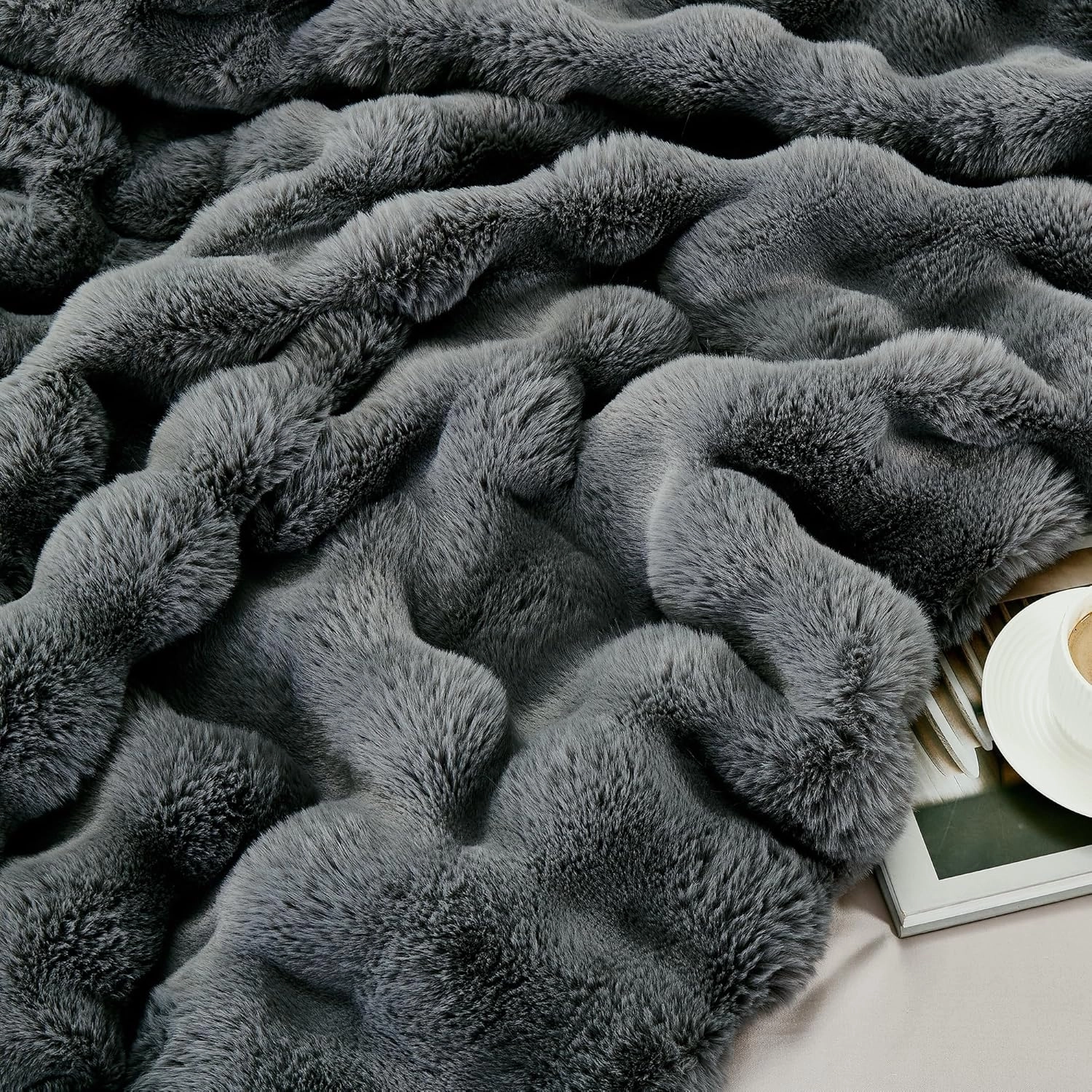 JONIYEAR Solid Thick Bubble Faux Rabbit Fur Throw Blanket 50" x 60", Decorative Bumpy Cute Cozy Fluffy Gray Warm Blanket for Winter,Reversible Luxe Fuzzy Textured Poofy Comfy Shag Furry Blankets, Grey