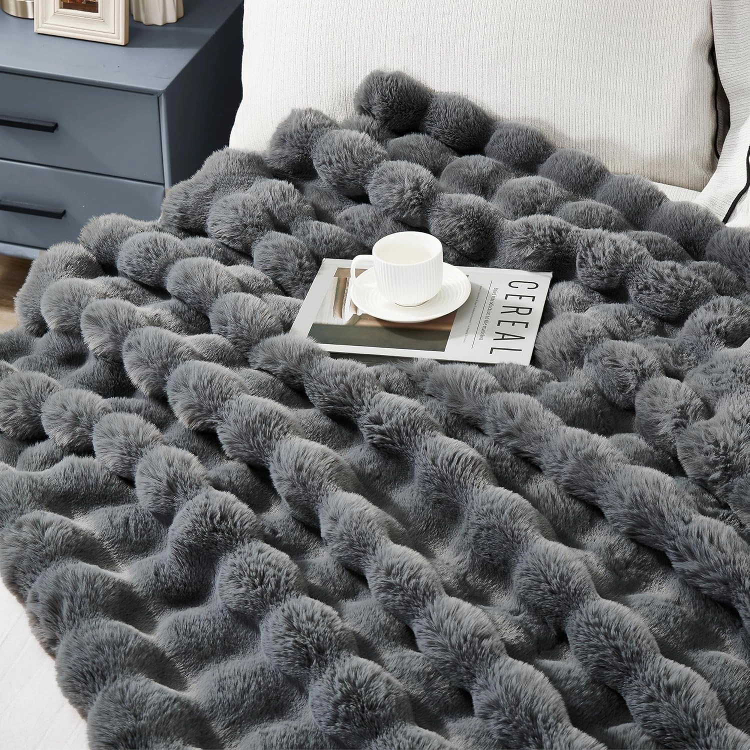 JONIYEAR Solid Thick Bubble Faux Rabbit Fur Throw Blanket 50" x 60", Decorative Bumpy Cute Cozy Fluffy Gray Warm Blanket for Winter,Reversible Luxe Fuzzy Textured Poofy Comfy Shag Furry Blankets, Grey