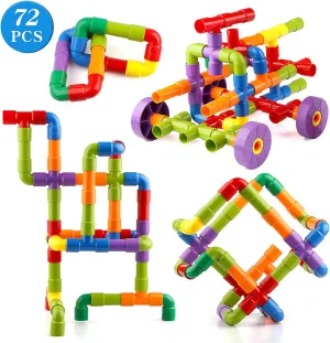 Joqutoys STEM Building Blocks Toy, 72 Pieces Creative Pipe Tube Sensory Toys, Construction Set Build Bicycle, Tank, Scootie, Motor Skills Endless Design Educational Learning Toys for Kids Aged 3 