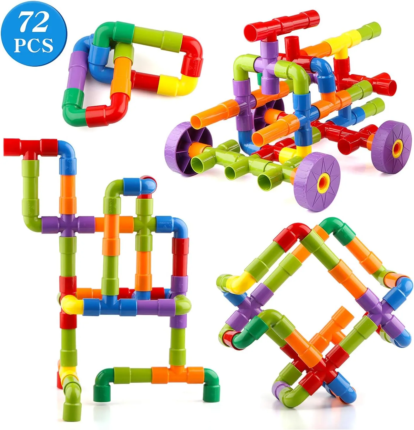 Joqutoys STEM Building Blocks Toy, 72 Pieces Creative Pipe Tube Sensory Toys, Construction Set Build Bicycle, Tank, Scootie, Motor Skills Endless Design Educational Learning Toys for Kids Aged 3 