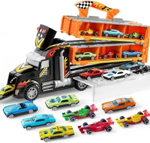JOYIN Toy Truck for Kids, 5-FT Race Track and 12 Die-Cast Metal Toy Cars, Racing Car with Lights & Sounds, Toddler Carrier Truck Playset Gift for 2 3 4 5 Years Old Boys and Girls-Black