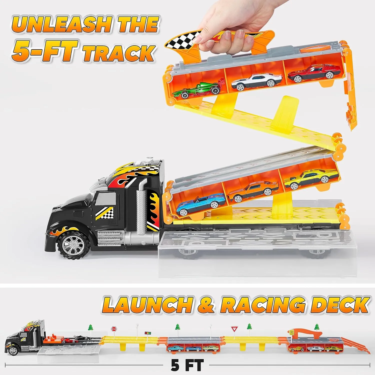 JOYIN Toy Truck for Kids, 5-FT Race Track and 12 Die-Cast Metal Toy Cars, Racing Car with Lights & Sounds, Toddler Carrier Truck Playset Gift for 2 3 4 5 Years Old Boys and Girls-Black