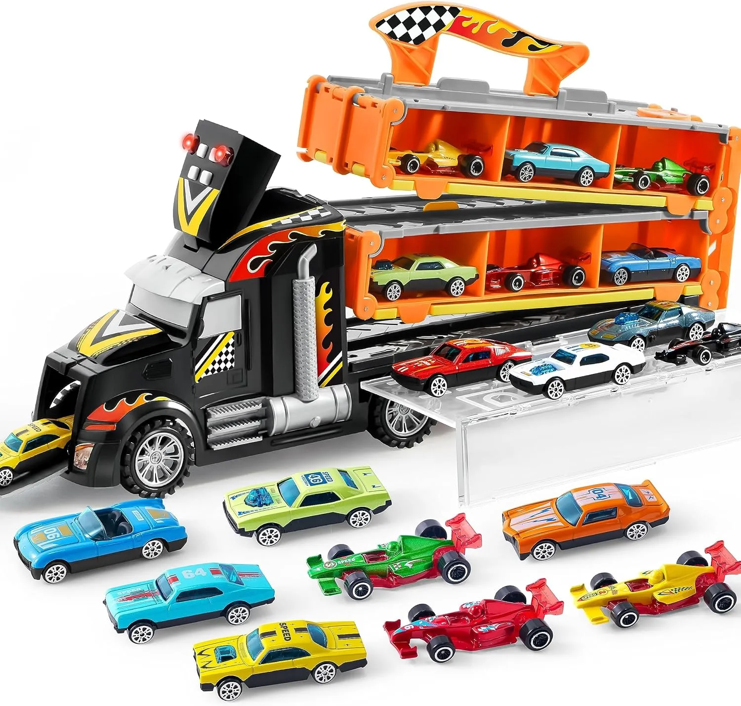 JOYIN Toy Truck for Kids, 5-FT Race Track and 12 Die-Cast Metal Toy Cars, Racing Car with Lights & Sounds, Toddler Carrier Truck Playset Gift for 2 3 4 5 Years Old Boys and Girls-Black