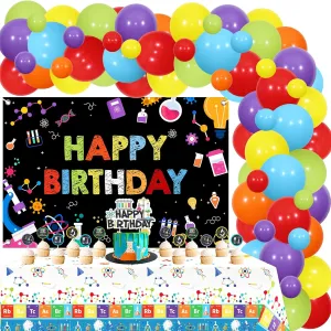 JOYMEMO Science Birthday Party Decorations for Boys Girls, Science Balloons Garland Arch Kit Happy Birthday Backdrop Chemical Theme Tablecloth with Cake Decor, Chemistry Party Supplies