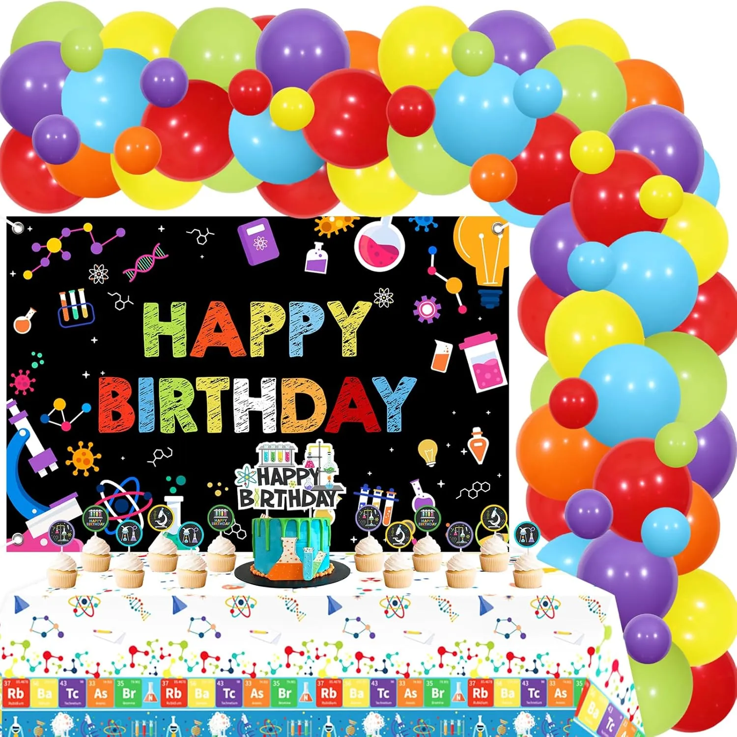 JOYMEMO Science Birthday Party Decorations for Boys Girls, Science Balloons Garland Arch Kit Happy Birthday Backdrop Chemical Theme Tablecloth with Cake Decor, Chemistry Party Supplies