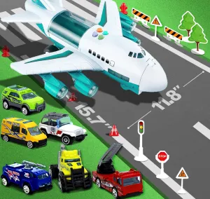JoyX Car Toys Set, Airplane Toys, Educational City Cars for 3 4 5 6 7 Year Old Boys Kids Girls, Birthday Choice for Boys Toddlers, Large Airplane with Songs, 6 Cars, 11 Road Signs