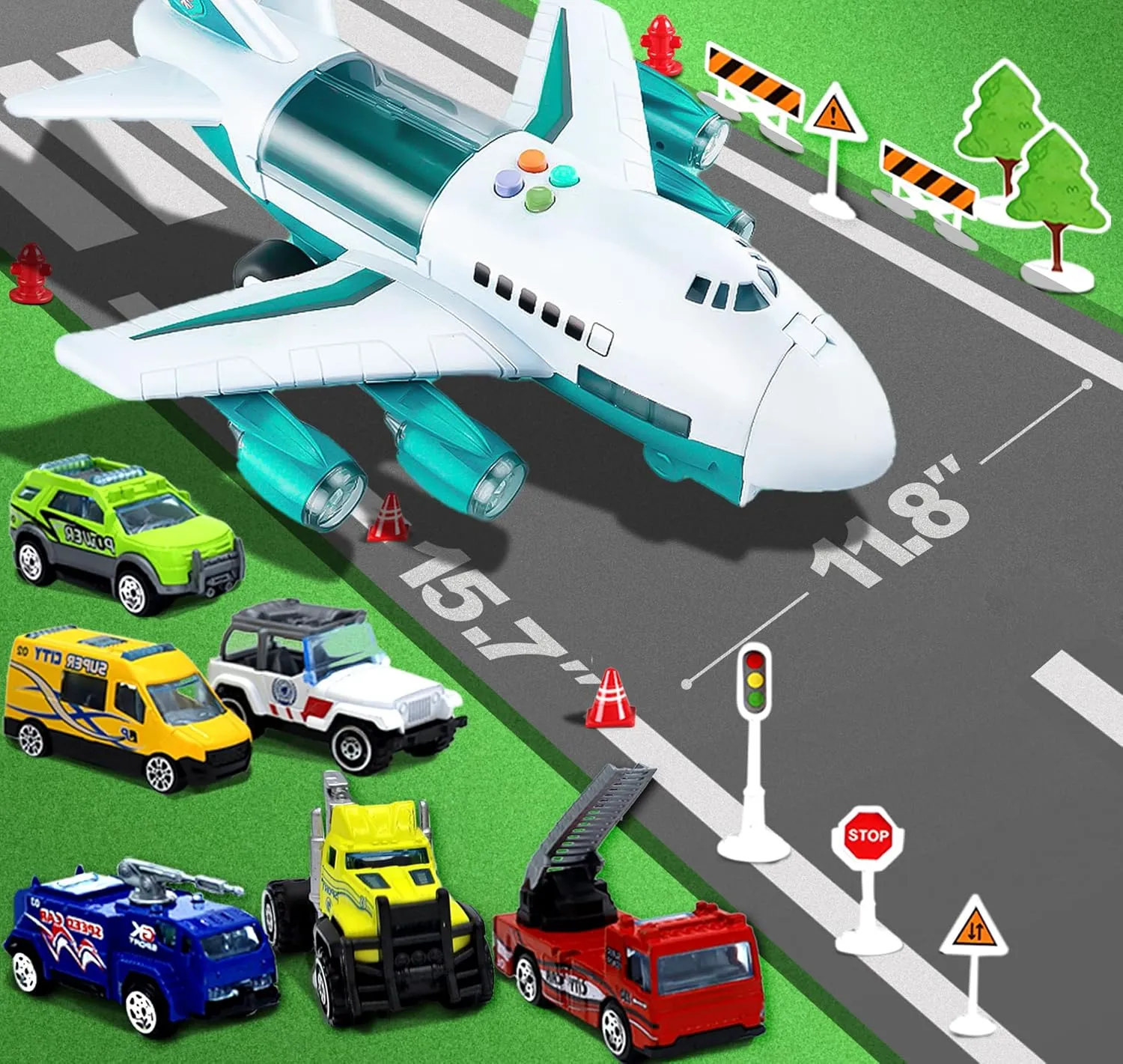 JoyX Car Toys Set, Airplane Toys, Educational City Cars for 3 4 5 6 7 Year Old Boys Kids Girls, Birthday Choice for Boys Toddlers, Large Airplane with Songs, 6 Cars, 11 Road Signs