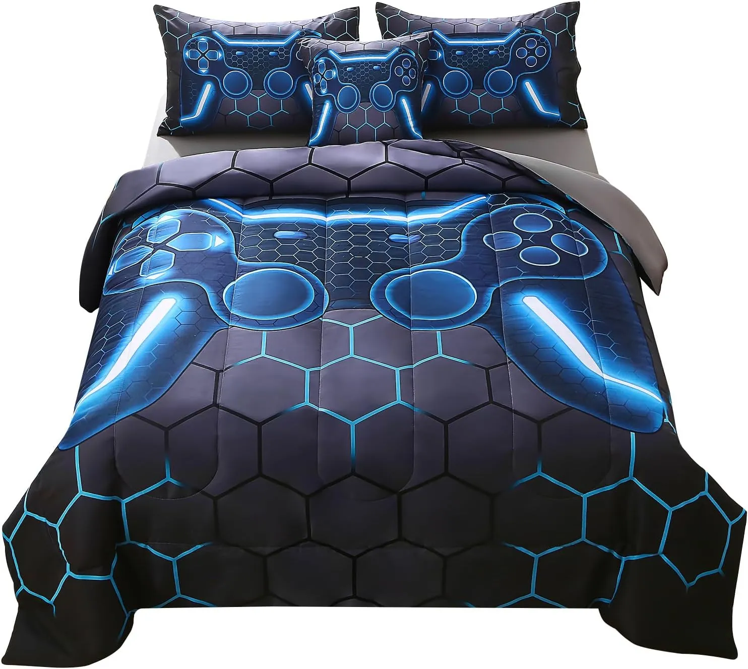 JQinHome Twin Gamer Comforter Set for Boys,6 Piece Bed in A Bag 3D Video Game Bedding -All Season Soft Microfiber Down Alternative Comforter Gamer Bedding Sets for Kids