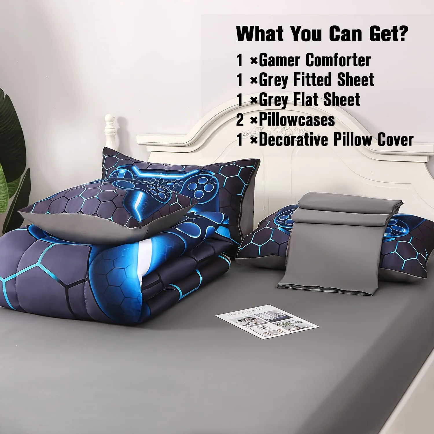 JQinHome Twin Gamer Comforter Set for Boys,6 Piece Bed in A Bag 3D Video Game Bedding -All Season Soft Microfiber Down Alternative Comforter Gamer Bedding Sets for Kids