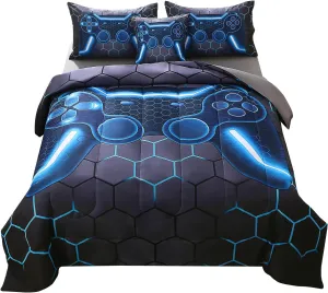 JQinHome Twin Gamer Comforter Set for Boys,6 Piece Bed in A Bag 3D Video Game Bedding -All Season Soft Microfiber Down Alternative Comforter Gamer Bedding Sets for Kids
