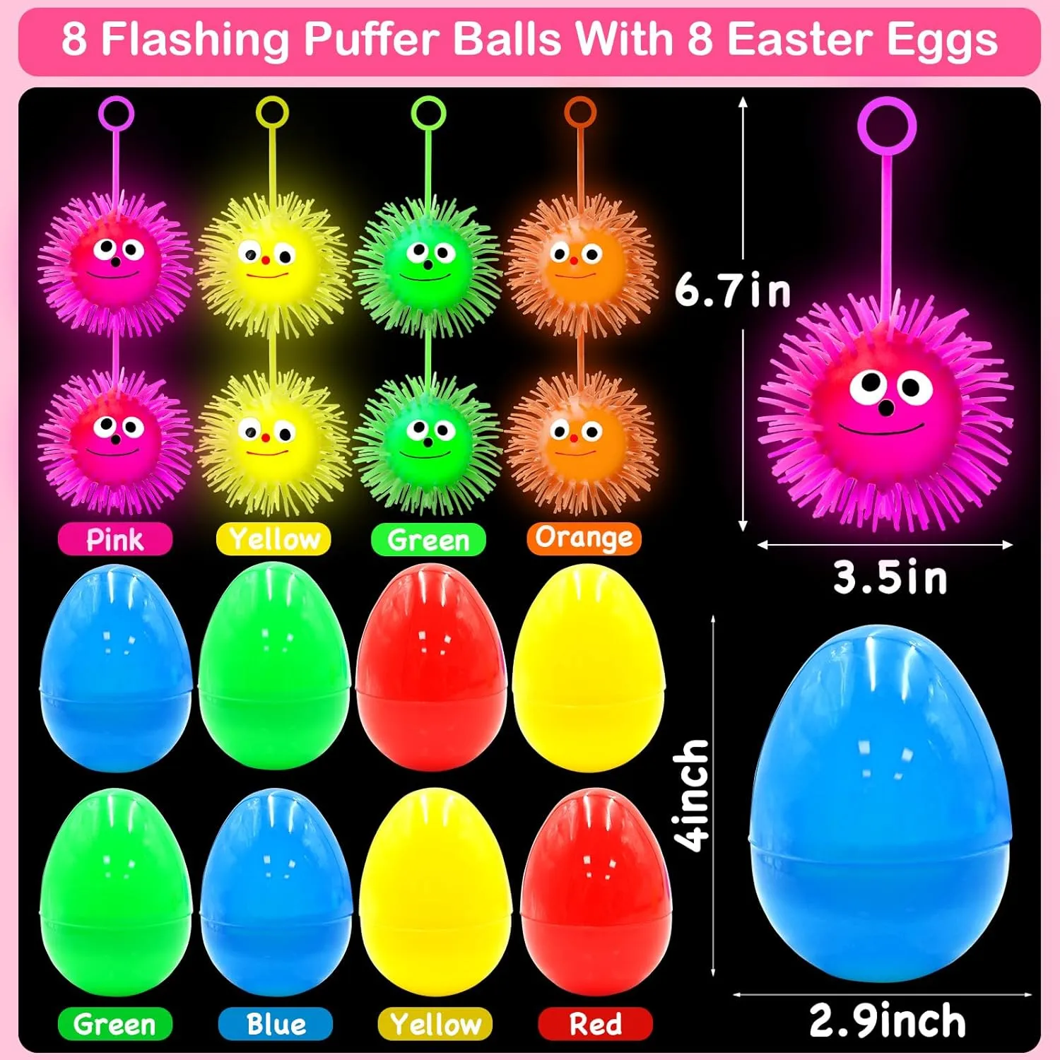 Jumbo 4" Easter Eggs Filled LED Puffer Balls , 8 Pack Light Up Easter Squeeze Balls Toys for Kids Stress Relief Glow in The Dark for Easter Egg Hunt Filling Treats Easter Basket Stuffers