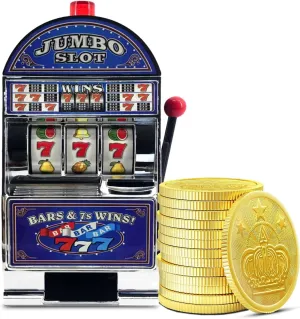 Jumbo Slot Machine 777 Toy Bank Replica with Lights, Sounds, 50 Metal Gold Coins, Casino Style