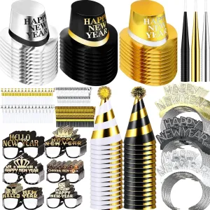 Junkin New Years Eve Party Supplies 2025 Kit Include Gold Black Top Hats Glasses Headbands Blowing Dragon Trumpet Happy New Year Decorations Bulk Party Favors