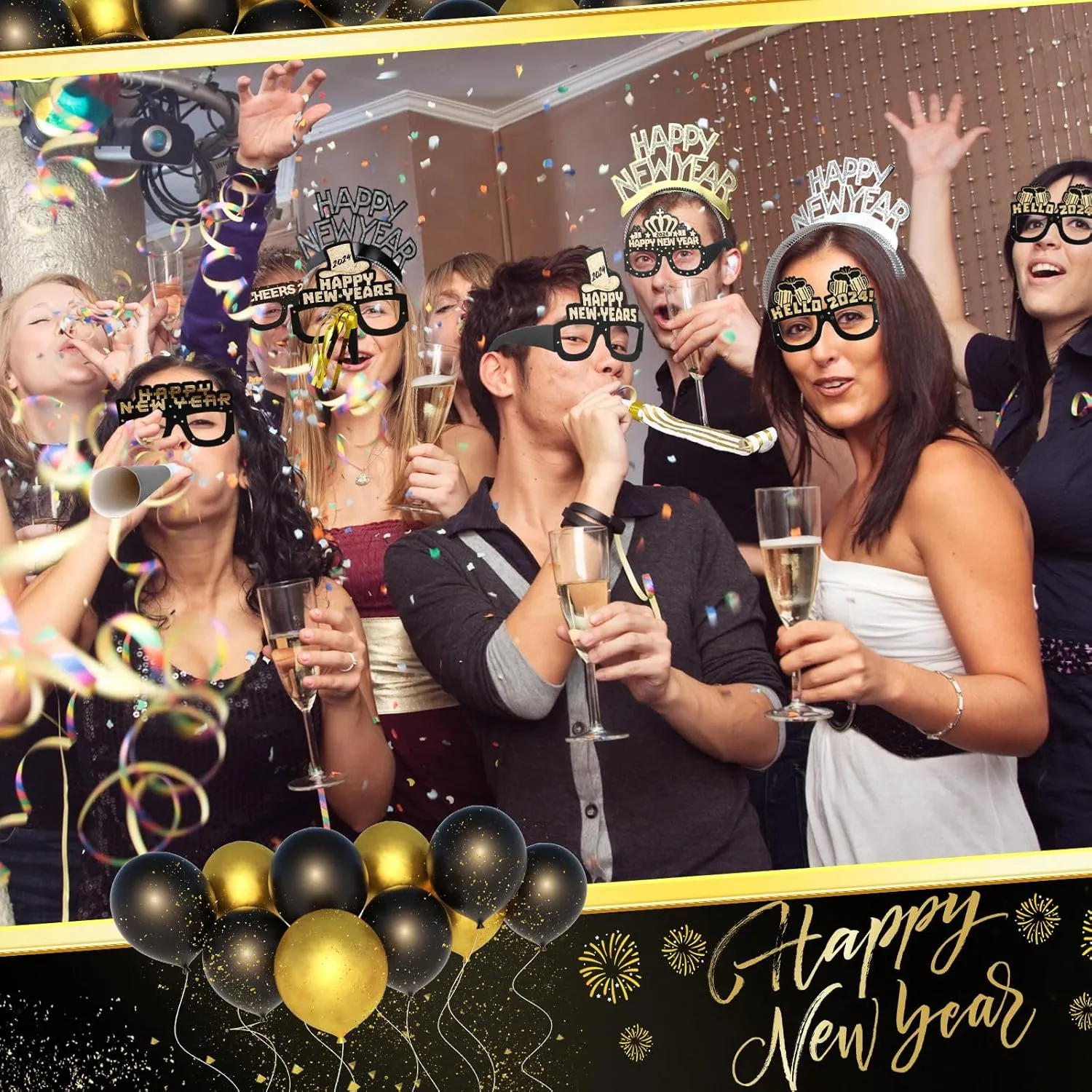 Junkin New Years Eve Party Supplies 2025 Kit Include Gold Black Top Hats Glasses Headbands Blowing Dragon Trumpet Happy New Year Decorations Bulk Party Favors