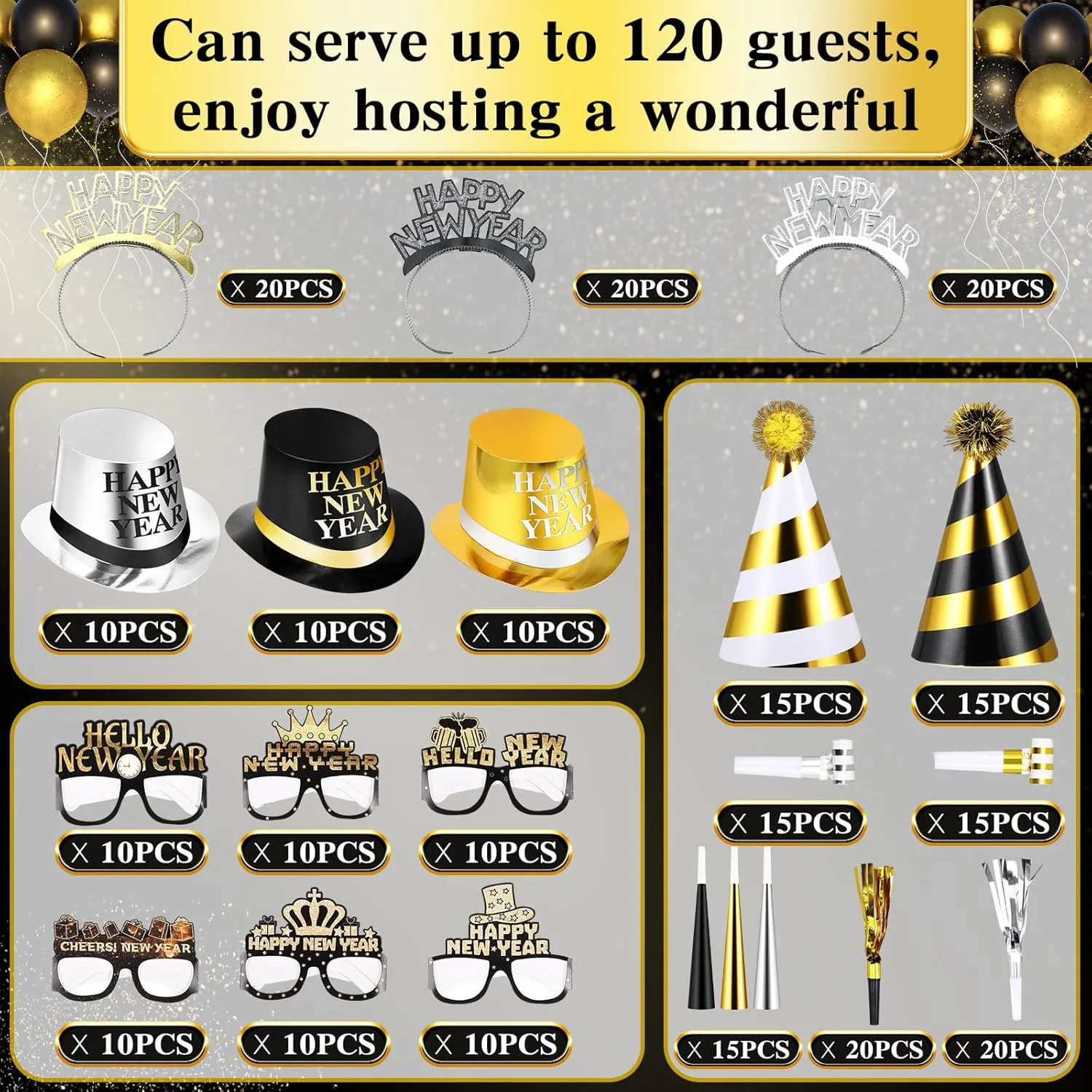 Junkin New Years Eve Party Supplies 2025 Kit Include Gold Black Top Hats Glasses Headbands Blowing Dragon Trumpet Happy New Year Decorations Bulk Party Favors