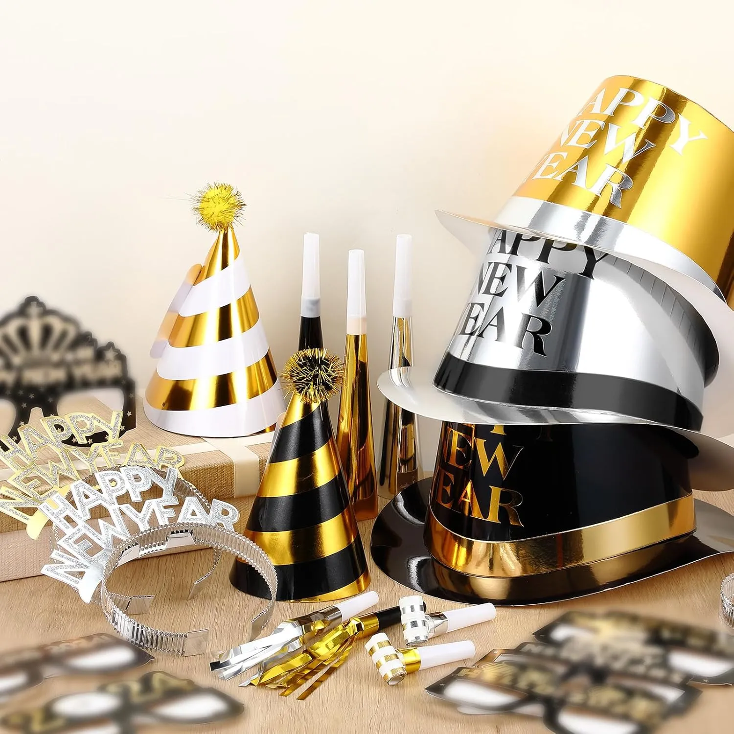 Junkin New Years Eve Party Supplies 2025 Kit Include Gold Black Top Hats Glasses Headbands Blowing Dragon Trumpet Happy New Year Decorations Bulk Party Favors