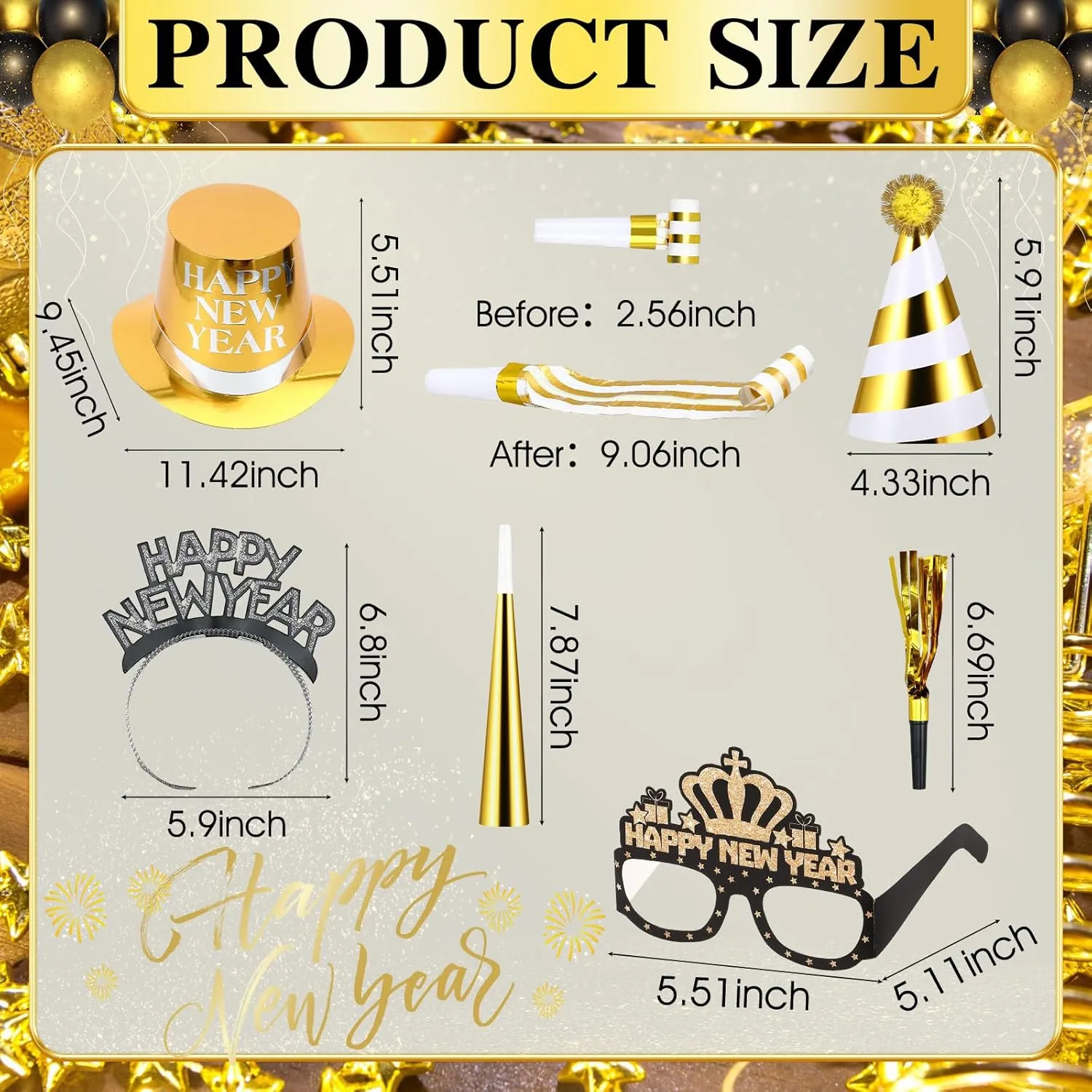 Junkin New Years Eve Party Supplies 2025 Kit Include Gold Black Top Hats Glasses Headbands Blowing Dragon Trumpet Happy New Year Decorations Bulk Party Favors
