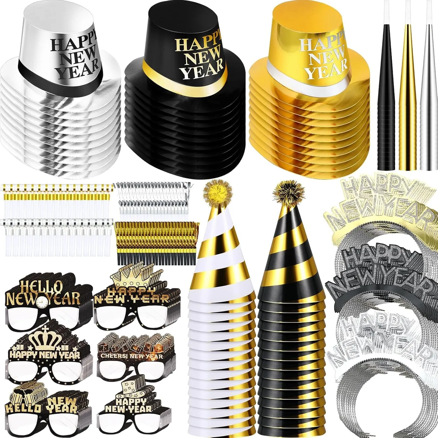 Junkin New Years Eve Party Supplies 2025 Kit Include Gold Black Top Hats Glasses Headbands Blowing Dragon Trumpet Happy New Year Decorations Bulk Party Favors