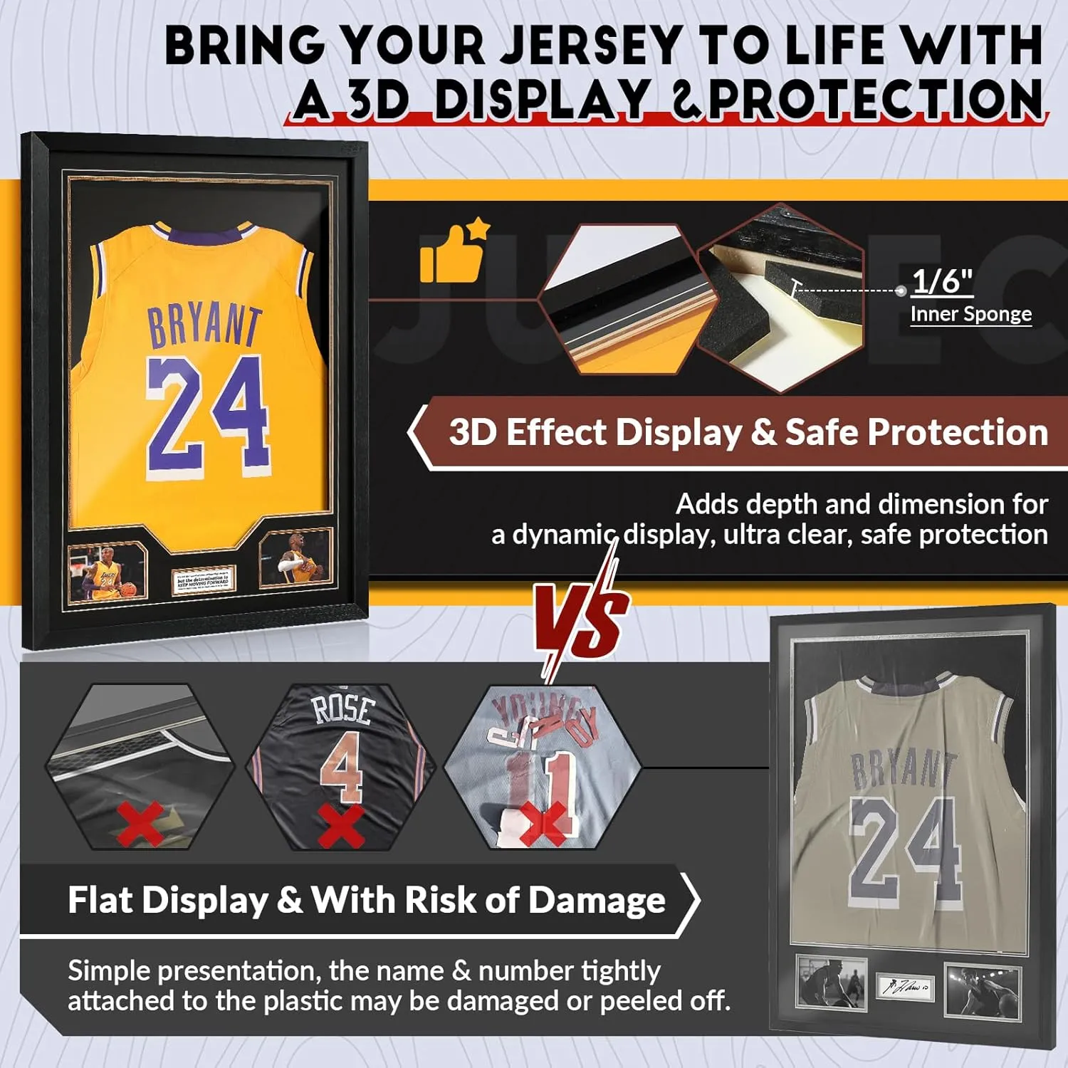JupDec Jersey Frame Display Case 2 Pack, Large Clear Acrylic Shadow Box with UV Protection for Basketball Baseball Football Soccer Hockey Shirt, Wall Mount Wooden Showcase, Idea Gift for Sports Fans