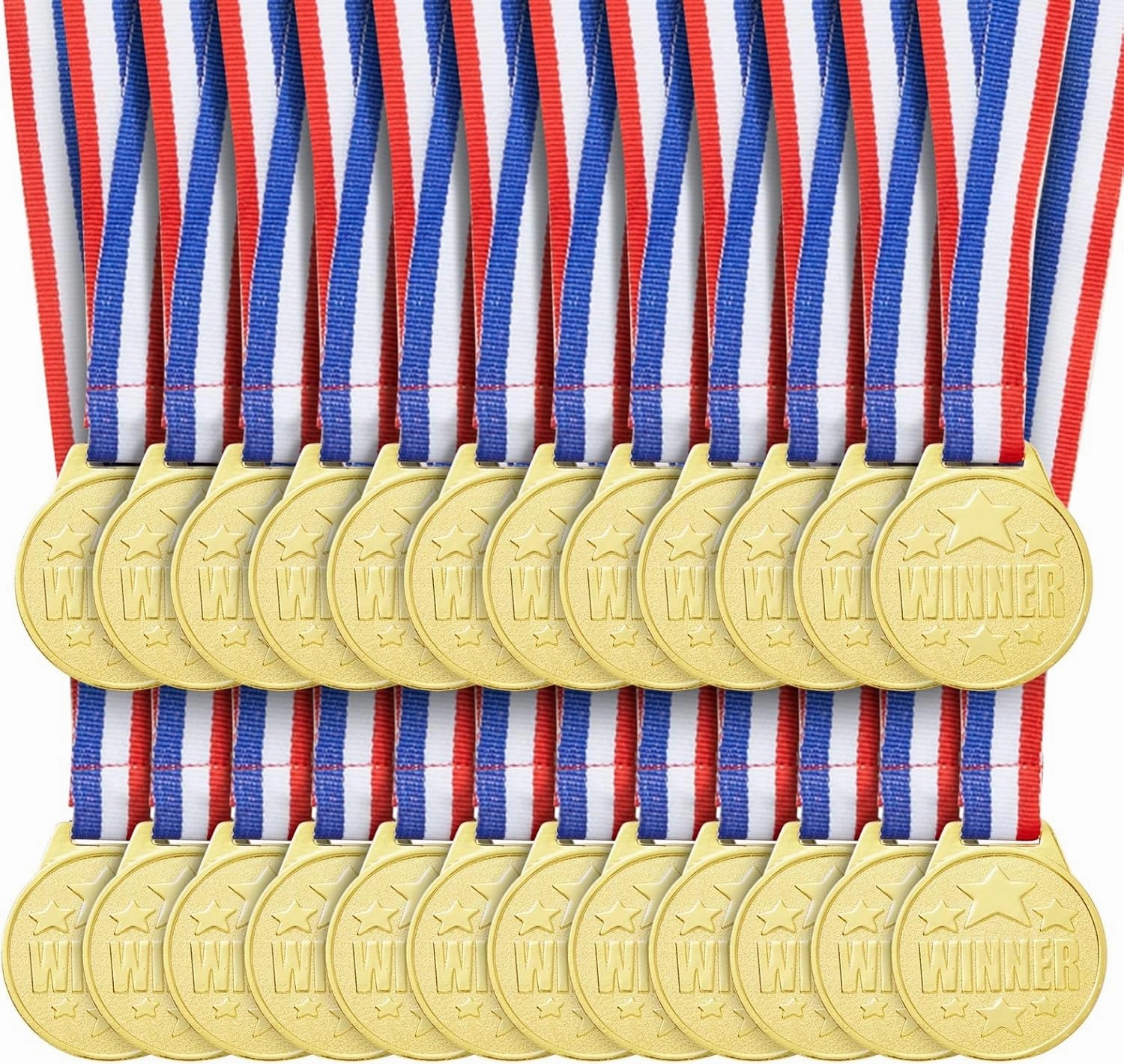 Juvale 24 Pack Gold Winner Medals for Kids and Adults - Participation Awards with 15.3-Inch Red, White, and Blue Neck Ribbons for Sports, Tournaments, Competitions (Metal, 1.5 in)