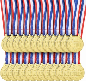 Juvale 24 Pack Gold Winner Medals for Kids and Adults - Participation Awards with 15.3-Inch Red, White, and Blue Neck Ribbons for Sports, Tournaments, Competitions (Metal, 1.5 in)