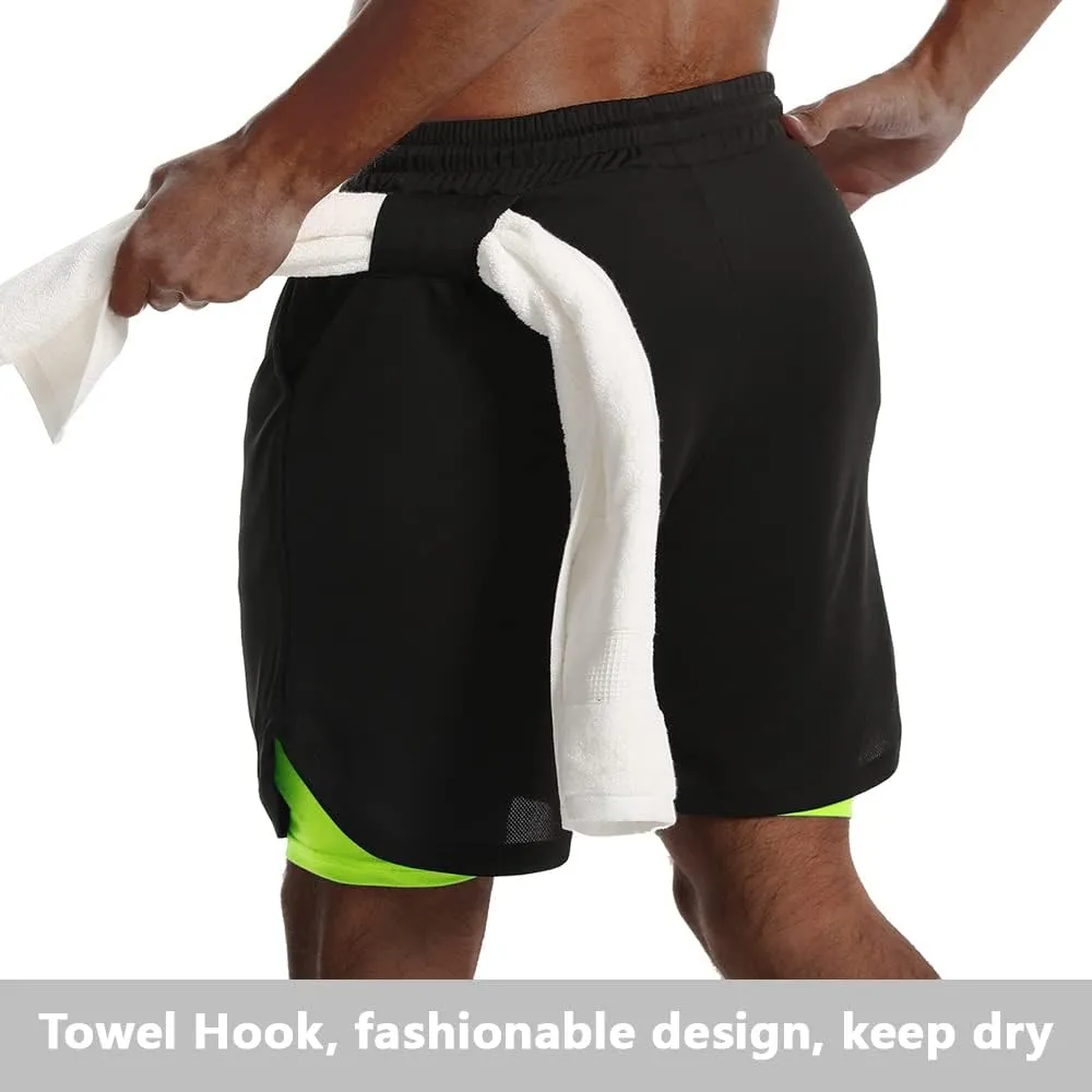 JWJ Mens 2 in 1 Running Shorts Quick Dry Gym Athletic Workout Clothes with Side Pockets
