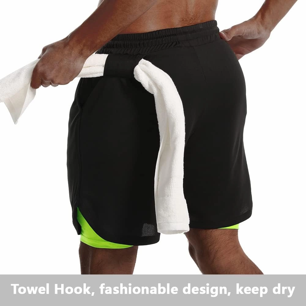 JWJ Mens 2 in 1 Running Shorts Quick Dry Gym Athletic Workout Clothes with Side Pockets