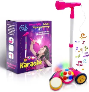 Karaoke Machine with Stand, Sing Along Microphone for Kids, Musical Toy with Flashing Stage Lights and Pedals for Fun Sound Effects, Pink