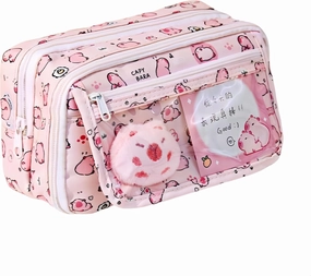 Kawaii Capybara Makeup Bag Kit, Plush Doll 20 Stickers 2 Brooches Sticky Notes Pendant, 9-Layer Large-Capacity Pencil Case (Pink Print)