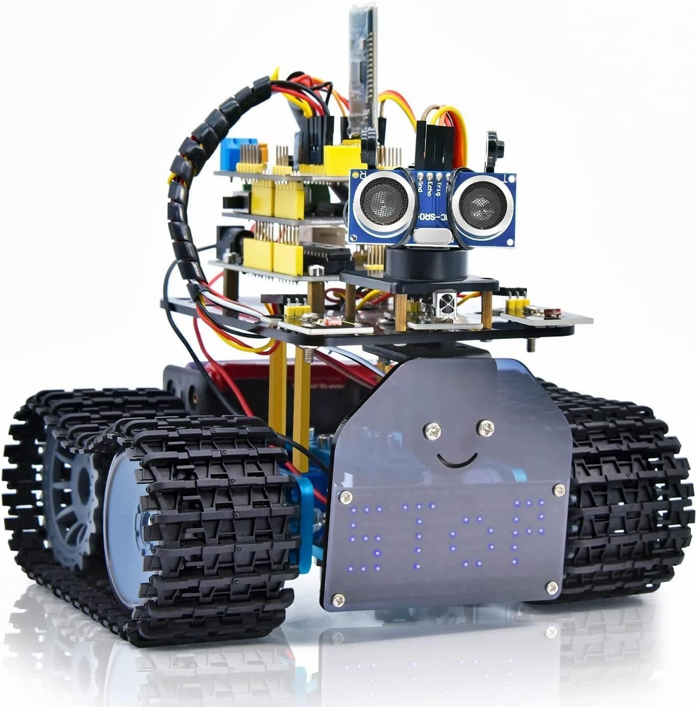 KEYESTUDIO Mini Tank Robot V2 Smart Car Kit for Arduino, IR Infrared and App Remote Control (iOS and Android), Light and Ultrasonic Follow, 8X16 LED Panel, Ultrasonic Obstacle Avoidance,15 