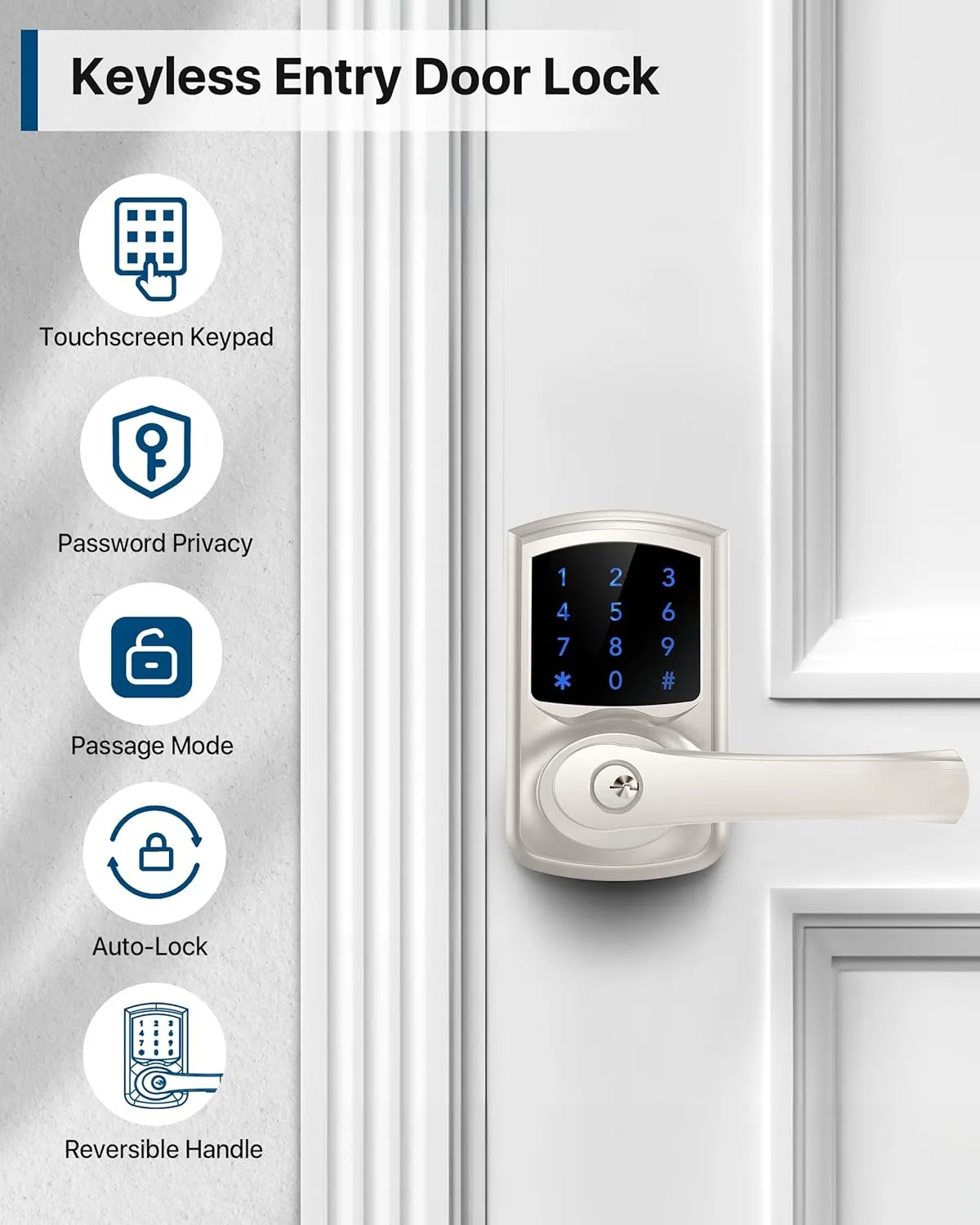 Keyless Entry Door Lock, Electronic Keypad Door-Lock with Handle, Touchscreen, Auto-Locking, Anti-peep Password, Easy to Install for Front Door, Home, Office, Satin Nickel