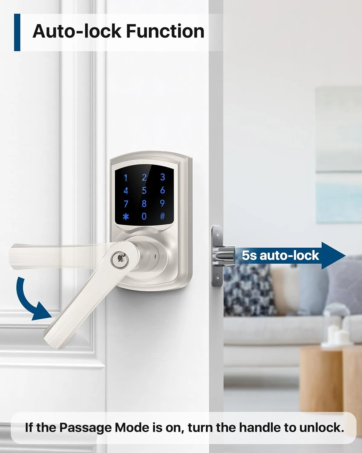 Keyless Entry Door Lock, Electronic Keypad Door-Lock with Handle, Touchscreen, Auto-Locking, Anti-peep Password, Easy to Install for Front Door, Home, Office, Satin Nickel