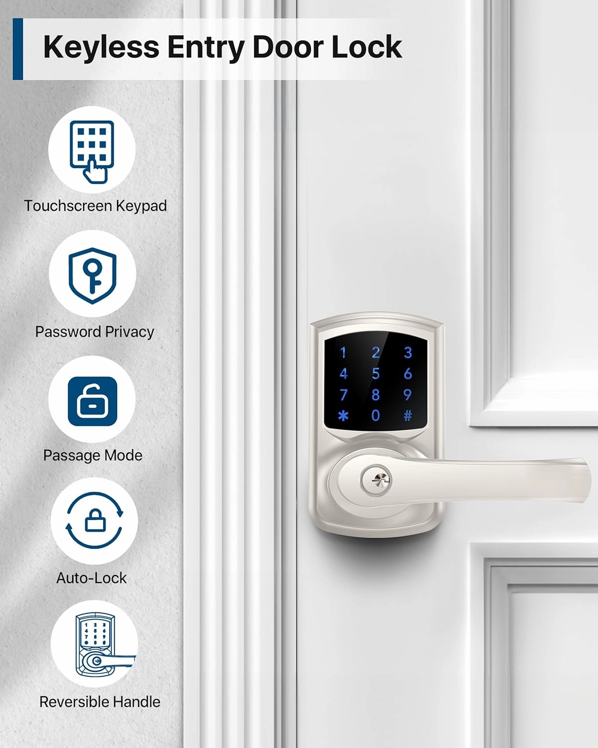 Keyless Entry Door Lock, Electronic Keypad Door-Lock with Handle, Touchscreen, Auto-Locking, Anti-peep Password, Easy to Install for Front Door, Home, Office, Satin Nickel