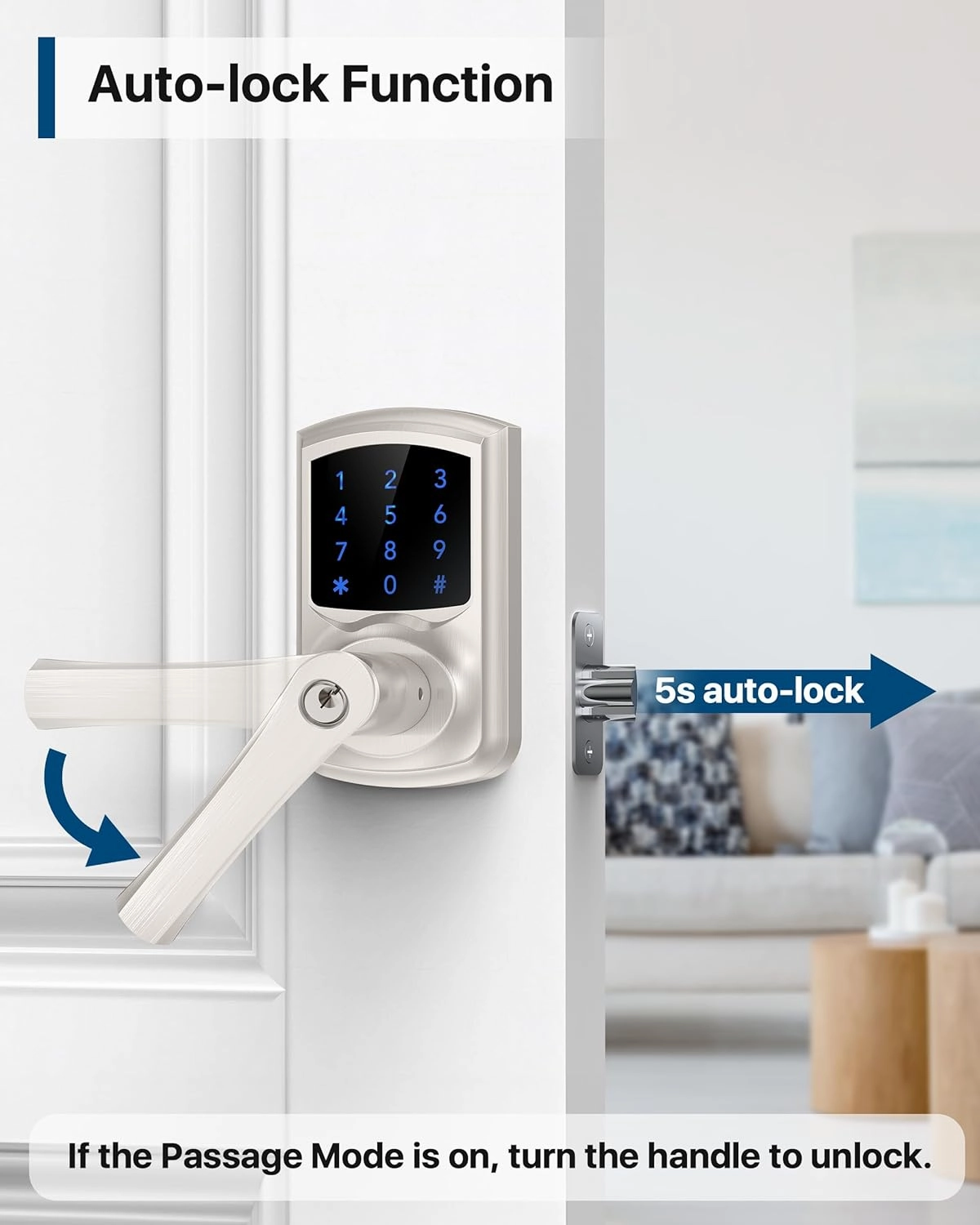 Keyless Entry Door Lock, Electronic Keypad Door-Lock with Handle, Touchscreen, Auto-Locking, Anti-peep Password, Easy to Install for Front Door, Home, Office, Satin Nickel