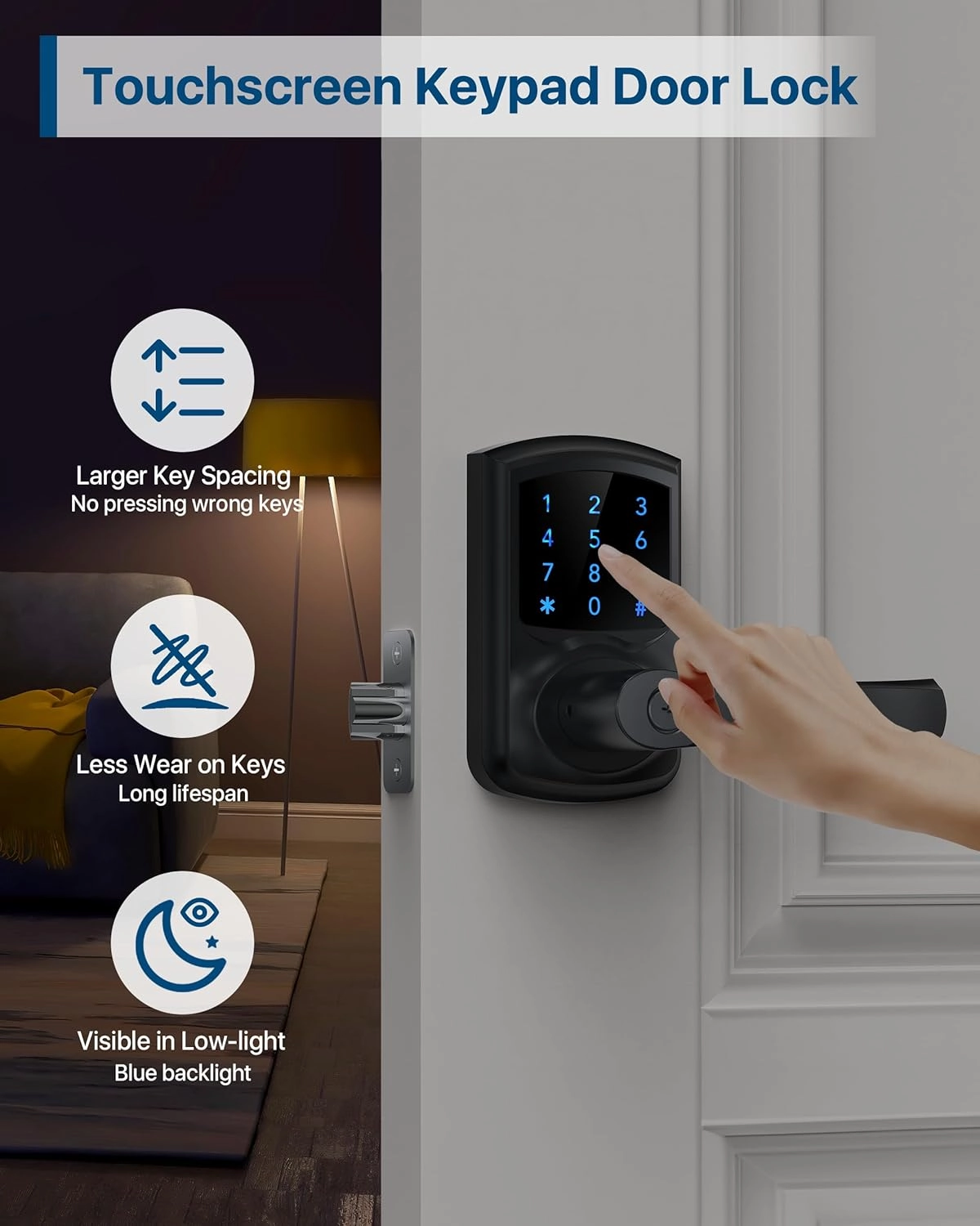 Keyless Entry Door Lock, Keypad Door-Lock with Handle, Touchscreen, Auto-Locking, Anti-peep Password, Easy to Install for Front Door, Home, Office, Matte Black 2 Pack