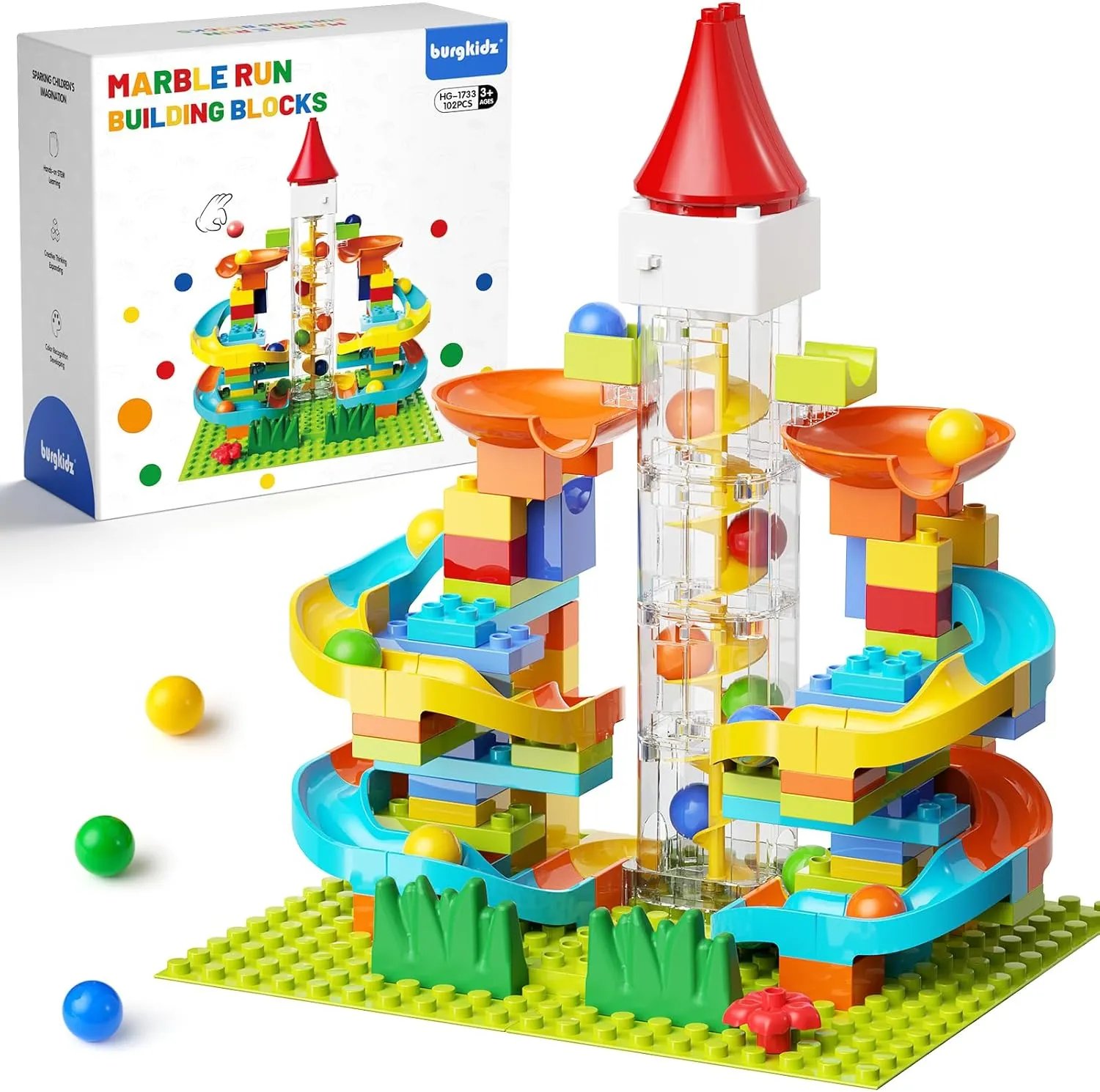 Kid Marble Run Building Blocks with Elevator Spiral Lift - STEM Toy Bricks Marble Maze Race Track Set with Motorized Elevator, Big Blocks Educational STEM for 3 4 5 6 7 8 Year Old Boys Girls