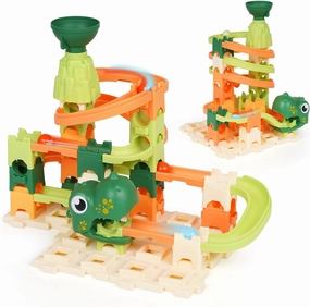 Kid Marble Run Building Blocks Dino Toy Montessori Learning STEM Ball Race Track 60 Pieces Bricks Maze Puzzle Set Race Track Marbles Maze Game Toy Set Dinosaur Toys Gift for Boys & Girls