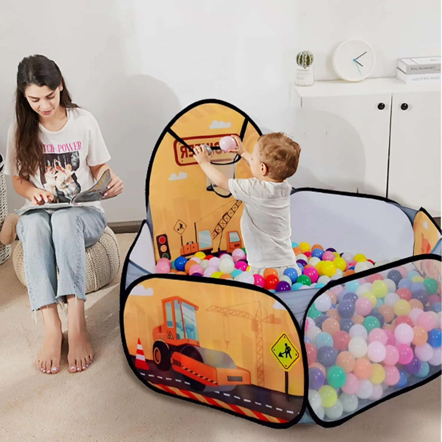Kids Ball Pit, Pop Up Children Play Tent, Toddler Ball Pool Baby Crawl Playpen with Basketball Hoop, Portable Toys for Girls Boys, 4 ft / 120 cm, Balls Not Included, Engineering Car
