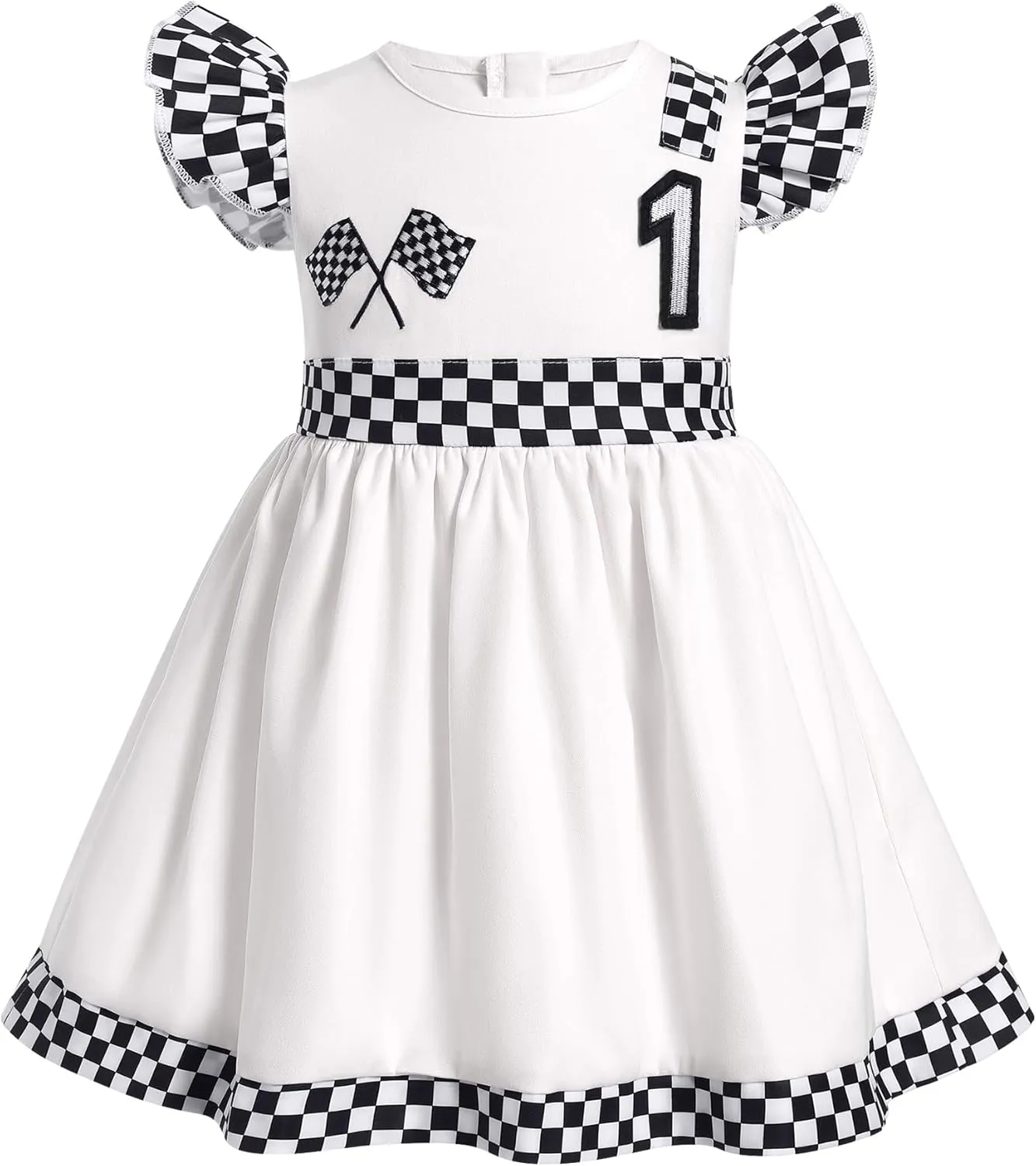 Kids Girls 1st 2nd Birthday Race Car Driver Costume Flutter Sleeve Ruffle Dress Racer Costume