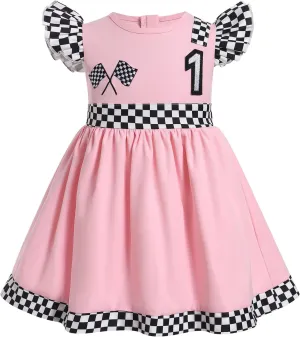 Kids Girls 1st 2nd Birthday Race Car Driver Costume Flutter Sleeve Ruffle Dress Racer Costume